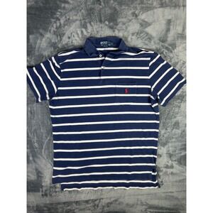 Polo Ralph Lauren Men's Large Blue White Striped Polo Shirt Red Pony Logo Pocket